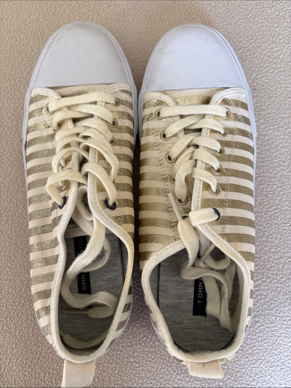Tommy Hilfiger Gold Metallic & White Striped Canvas Sneakers size 8.5med